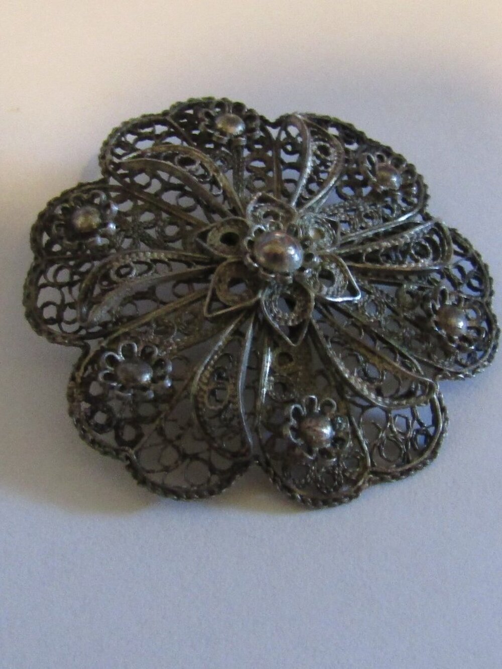 ANTIQUE STERLING SILVER Camellia Filigree Flower Brooch Signed 2311 Maker's Mark